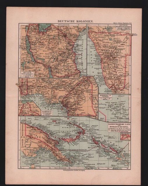 Landkarte map 1895: Deutsche Kolonien. Ostafrika Kamerun Marshall-Inseln Südwest