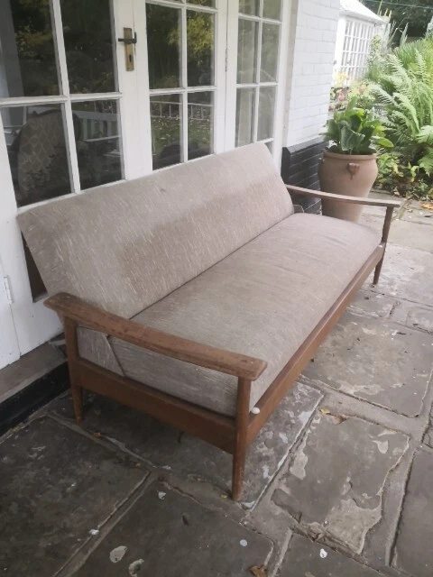 Mid Century 3-seater Sofa Daybed with Teak arms - Vintage Retro Danish 50s 60s
