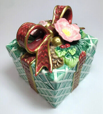 Fitz and Floyd  Lidded Covered Box Burgundy Ribbon Green and White w Pink Flower