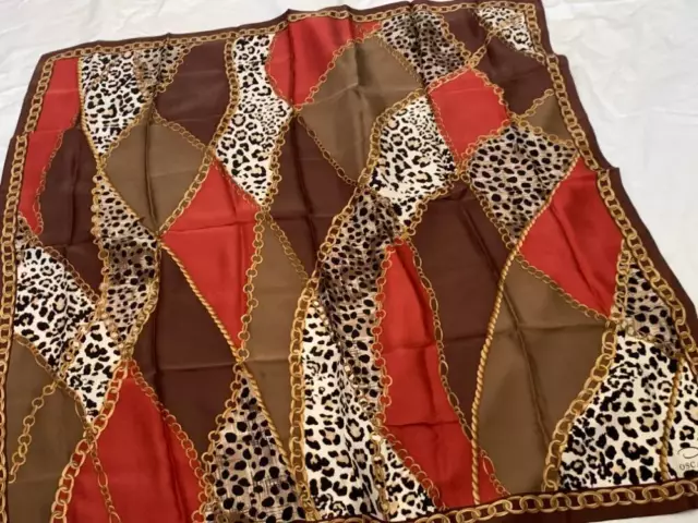 Oscar de la Renta Scarf 100% Silk 34" Red Brown Leopard Animal Print NO Flaws