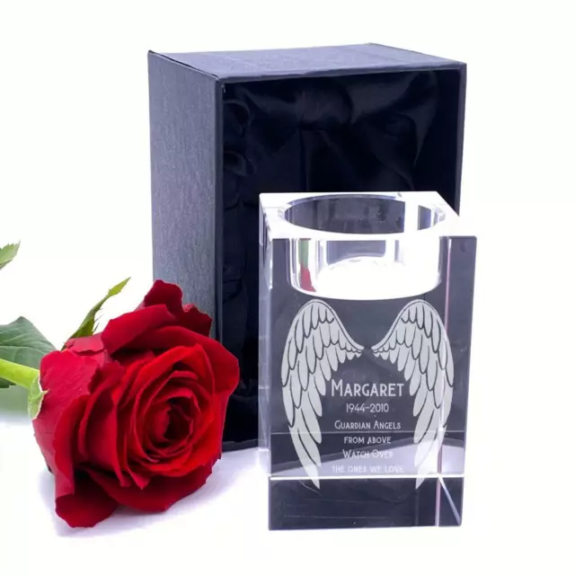 Personalised Crystal Glass Memorial Tea Light Candle Holder Guardian Angel GTL-2