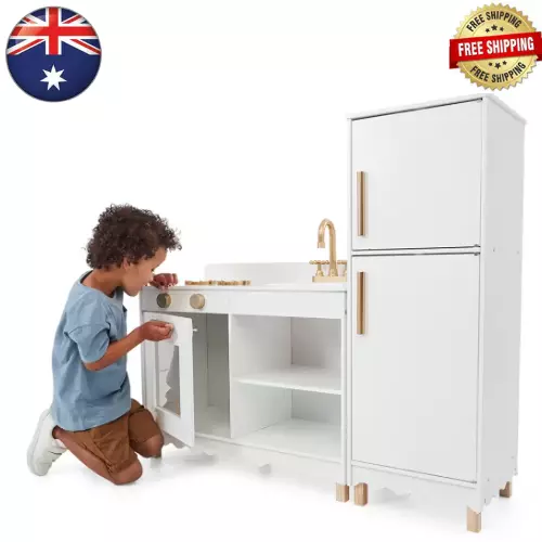 Kids Pretend Play Kitchen Wooden Toy Playset with Fridge