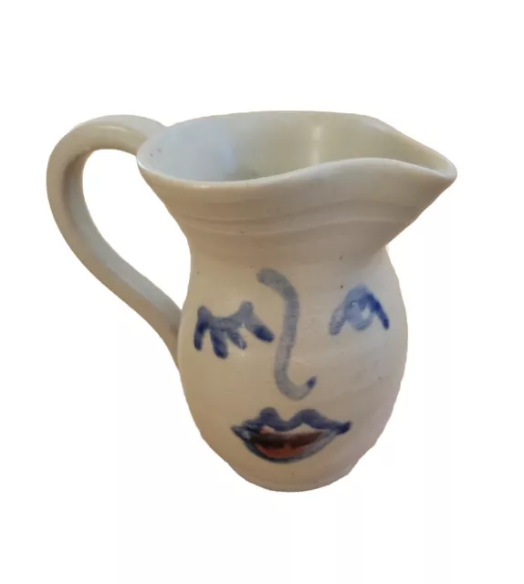 🩵Vtg Glazed Stoneware Handmade/Painted 'Picasso' Style Woman Blue Vase Creamer