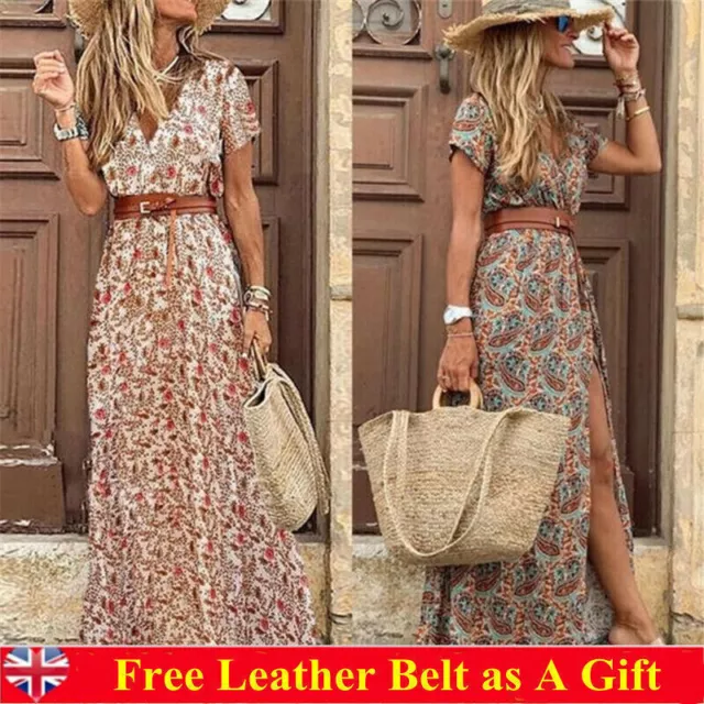 Women Summer Holiday Long Dress Ladies Boho Beach Floral Sun Dresses Size 8-20