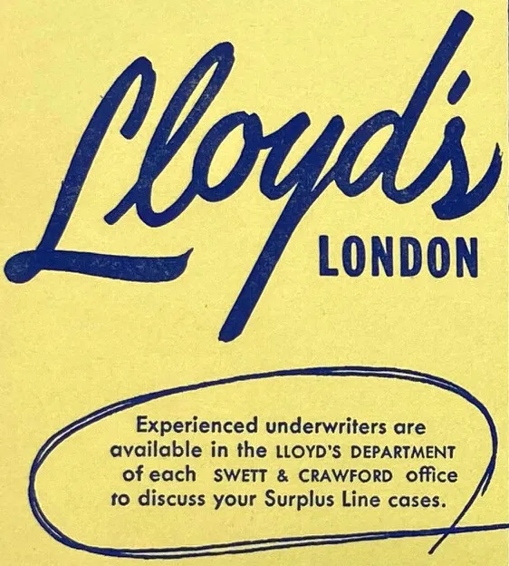 Vintage 1950s Swett & Crawford Lloyd's London Underwriter Correspondent Blotter