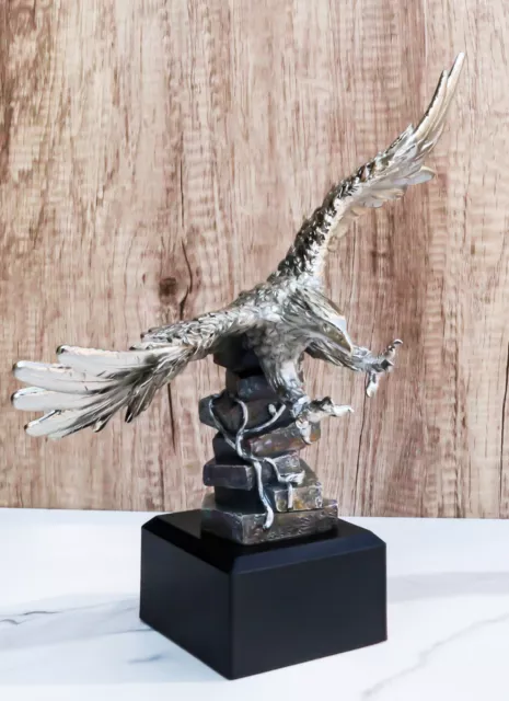 Electroplated Pewter Silver Bald Eagle With Open Wings Soaring Over Rock Statue