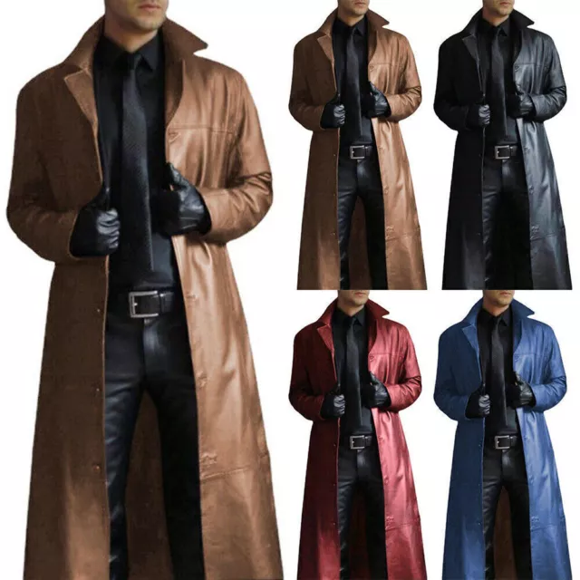Men PU Leather Trench Long Coat Single Breasted Lapel Slim Windbreaker Jacket