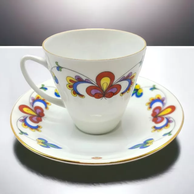 Porsgrund Norway Farmers Rose Tea Cup & Saucer Set Scalloped Top VTG Gold Trim