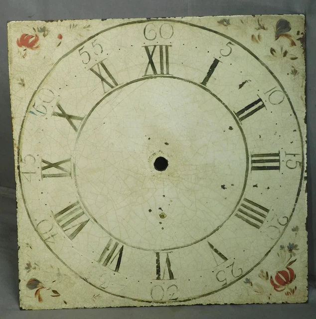 Antique 18th Century Iron Hand Painting Clock Dial 12" Square Roman Numeral Face