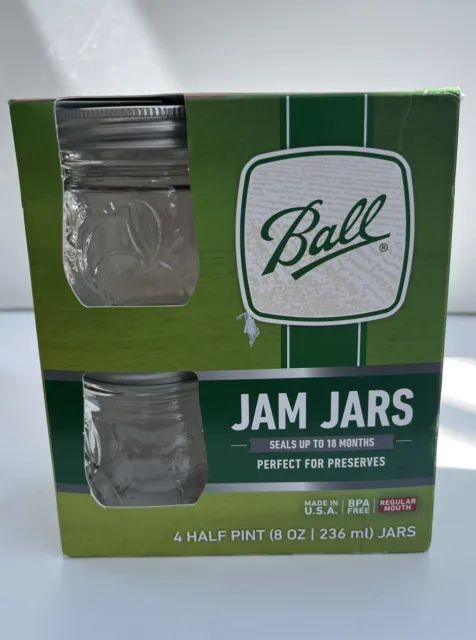 Ball Regular Mouth Jars, Half Pint, Clear Glass Mason Jelly Jam Jar 8oz 4-Pack