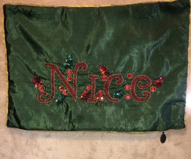 Pier 1 Almohada de Navidad Traviesa/Bonita Lentejuelas Con Cuentas Reversibles Bordadas LEER