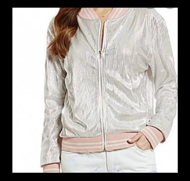 Women’s Chelsea & Violet Zip Up Pink Silver Bomber Jacket Shimmer S MSRP $69 New