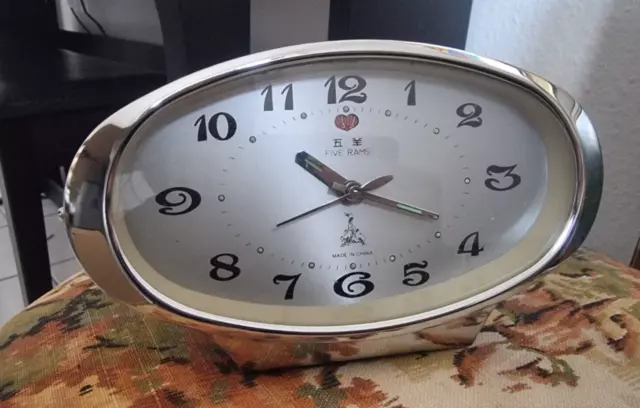 Vintage Five Rams Clock Retro Collectible Silver Green Stones Working VGC 3