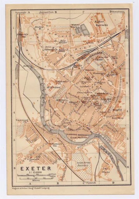 1906 Original Antique City Map Of Exeter / Devon / England