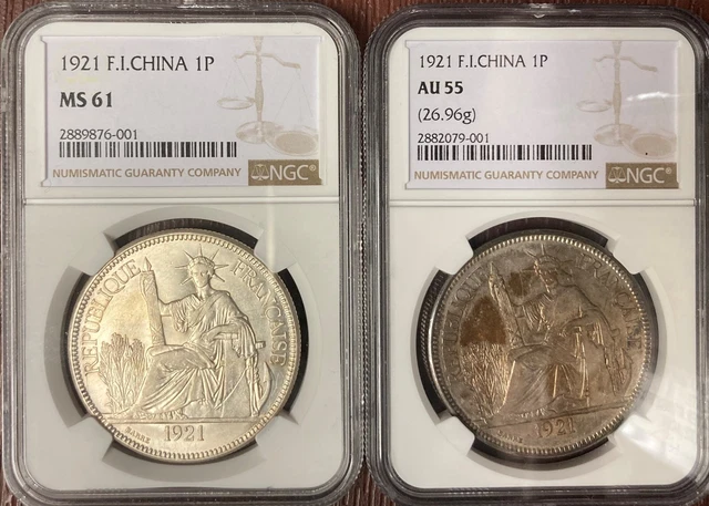 1921 French Indochina Piastre set  San Francisco sisters NGC MS61 & AU55