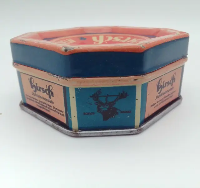 Alte Vintage Blechdose Hirsch 50 gramm Stahlstecknadeln aus altem Nähkästchen 3