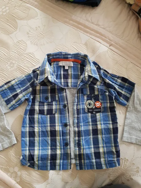 Boys Blue Checked Shirt With Long Sleeves And Plain Grey Semi Back Piece Age 2-3