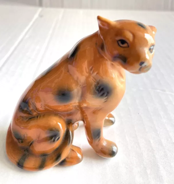 Vintage Sitting Leopard Jaguar Cheetah Shiny Ceramic Figurine Large Spots 3.5"