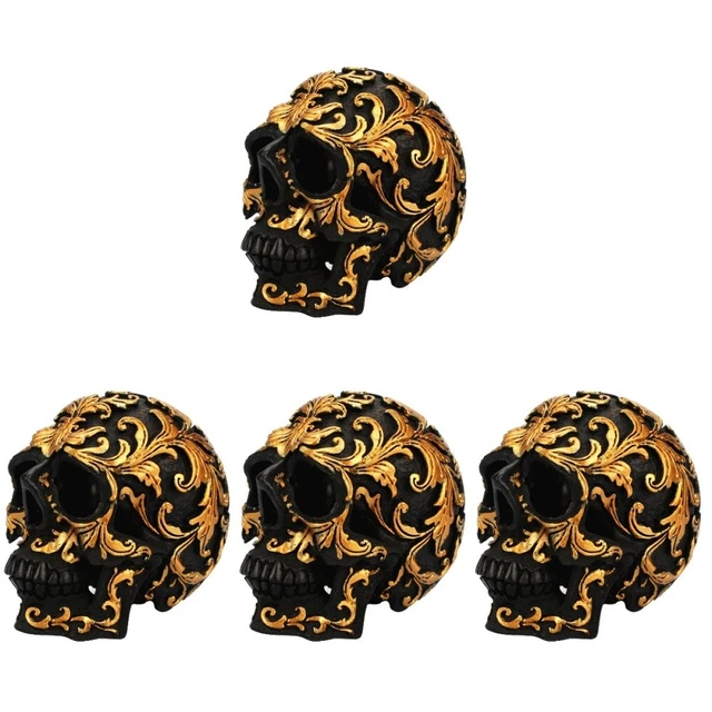 4pcs Résine Craft Black Skull Head Golden Carving Creative Decoration Skull