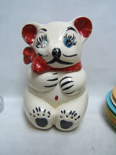 American Bisque Pottery Vintage Bear Cookie Jar Red Bow