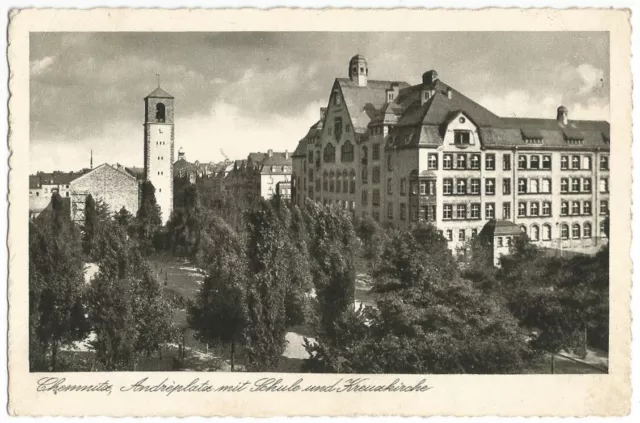 Chemnitz, Andréplatz mit Schule und Kreuzkiche, Kassberg, alte Ak von 1942