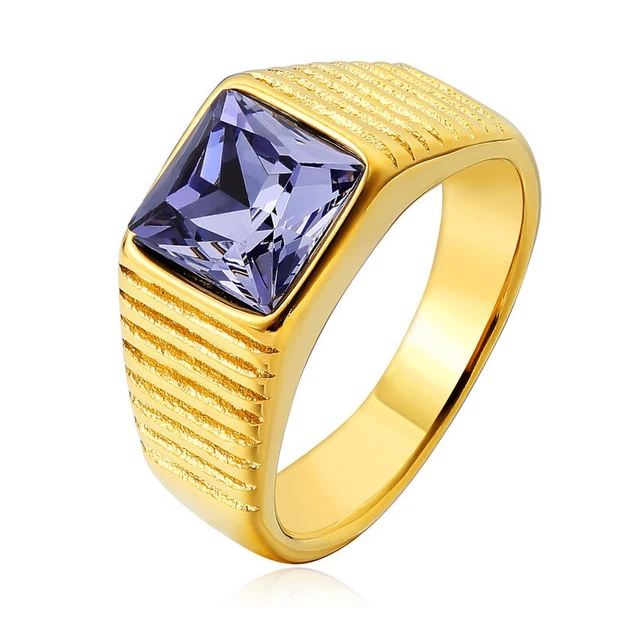 Square Blue Stone Statement Party Ring for Men Women Stainless Steel Wedding