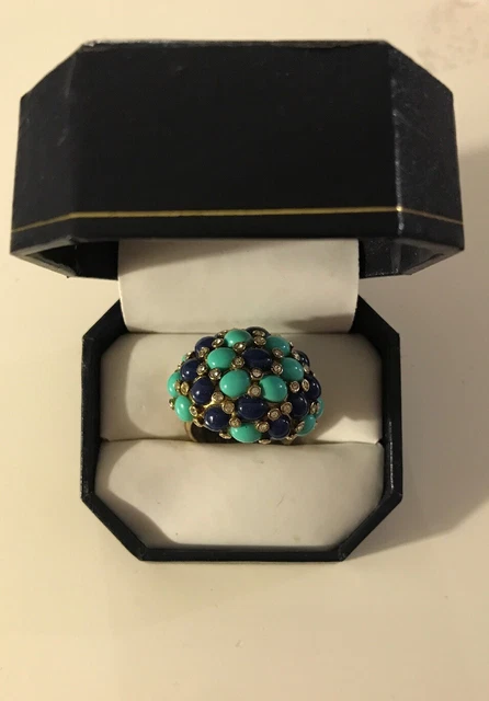 Stella and Dot Vintage Jules Ring Adjustable shank Gold Blue & Turquoise