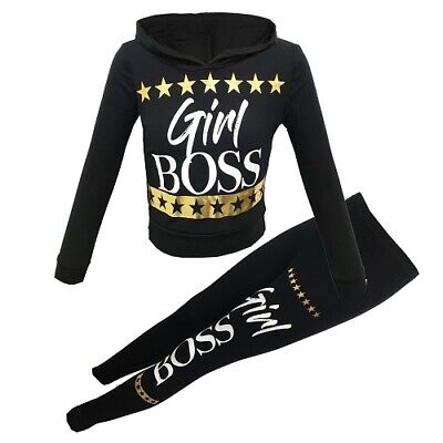 Girls Black Gold Boss Summer Outfit Top Leggings Tracksuit Age 7 8 9 10 11 12 13