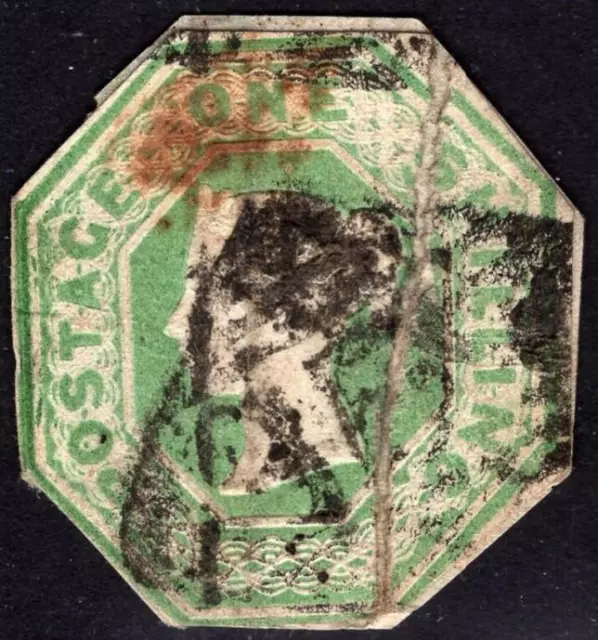 GB: 1847-1854 1/- Green Embossed - Sg 55 - Cut to Shape - Cat £1000 (69993)