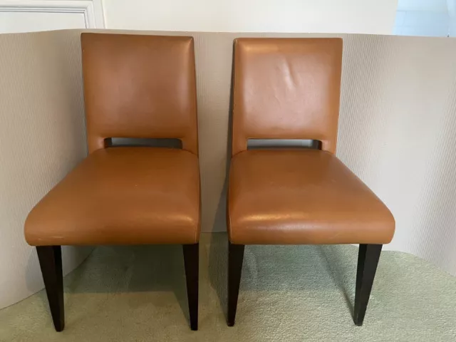 Pair Vintage Tan Leather 'Costa style Cafe Chairs',dark stained straight legs