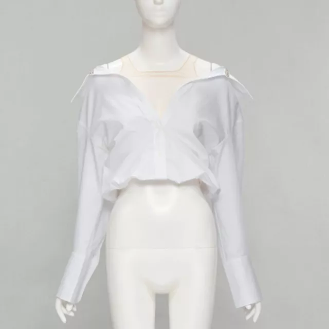 ALEXANDER WANG nude yoke white crystal embellished off shoulder cropped shirt S