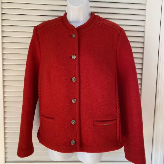 GEIGER 44 Austrian Boiled Pure Wool Red Jacket Coat Warm Cardigan Silver Hdw
