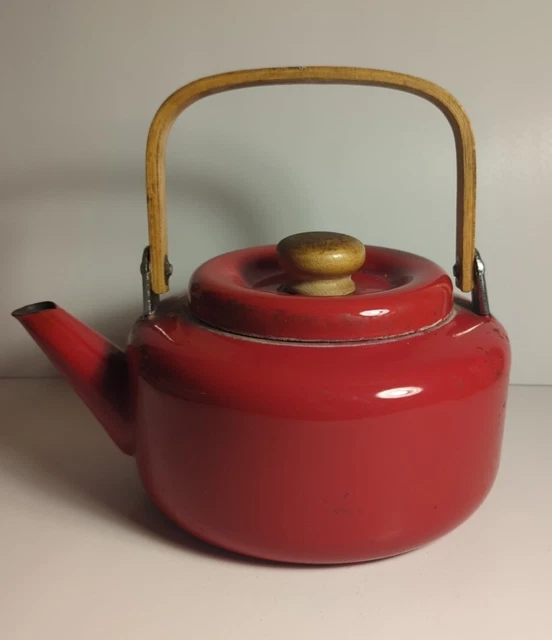 VINTAGE RED ENAMEL Teapot Tea Kettle with Lid Wood Handle & Knob MCM