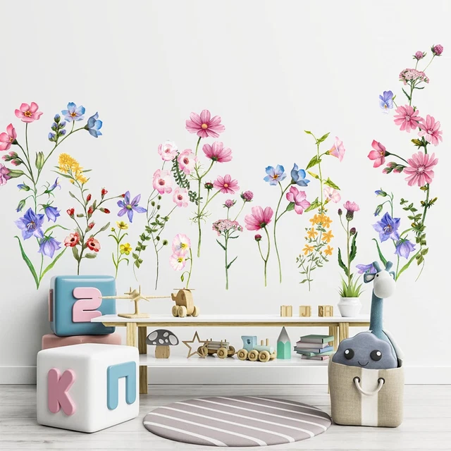 Colorful Flowers Vines Wall Decals, Removable Green Plants Leaves Peel and Stick