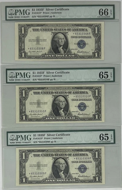 1935-F* Fr. 1615* 3 Consecutive Silver Certificate Star Notes, PMG 66-EPQ/65-EPQ