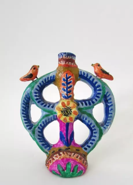 VTG Mexico Folk Art Tree of Life Birds Candlestick 6"