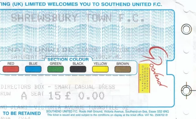 Ticket - Southend United v Shrewsbury Town 15.08.98