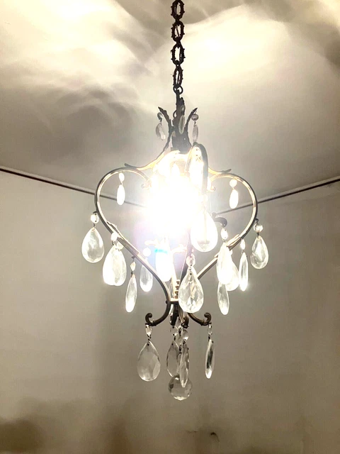 Lampadario A Cestello In Metallo E Gocce Degli Anni 50