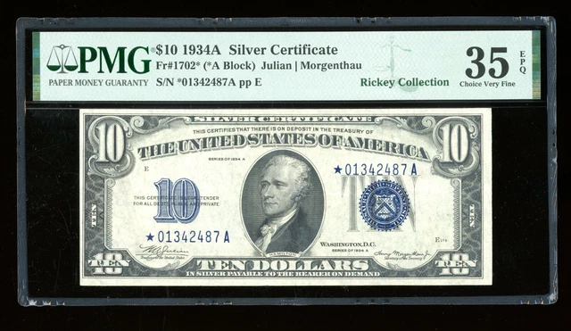 DBR 1934-A $10 Silver STAR Fr. 1702* PMG 35 EPQ Serial *01342487A