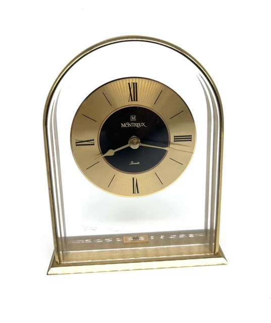 Vintage Montreux Marathon Brass Desk Clock Gold Tone Clear Glass Pillar Working