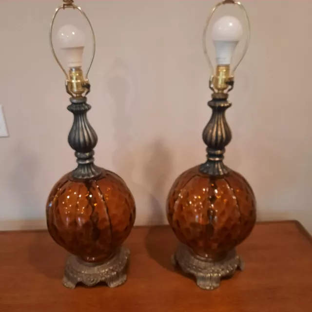 Vtg. Amber Glass Globe Table Lamps Pair Brass MCM Hollywood Regency Large E.K.