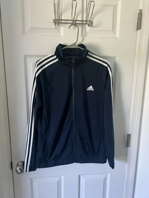 Adidas Mens Blue Three Stripe Long Sleeve Full Zip Track Jacket w/ Pockets Large