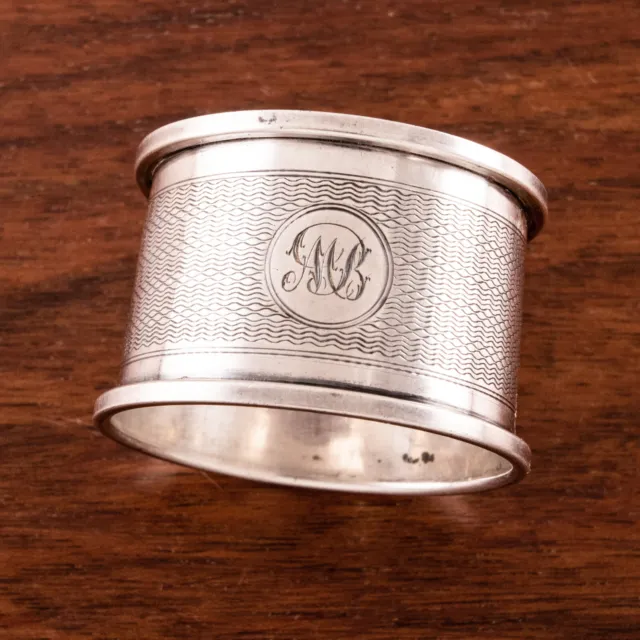 Samuel Levi English Art Deco Sterling Silver Napkin Ring Engine Turned Mono Mb