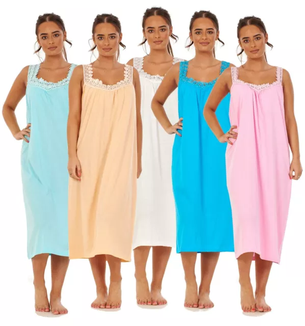 Ladies Plain Nightdress 100% Cotton V Neck lace strap Long Nightwear M to 3XL