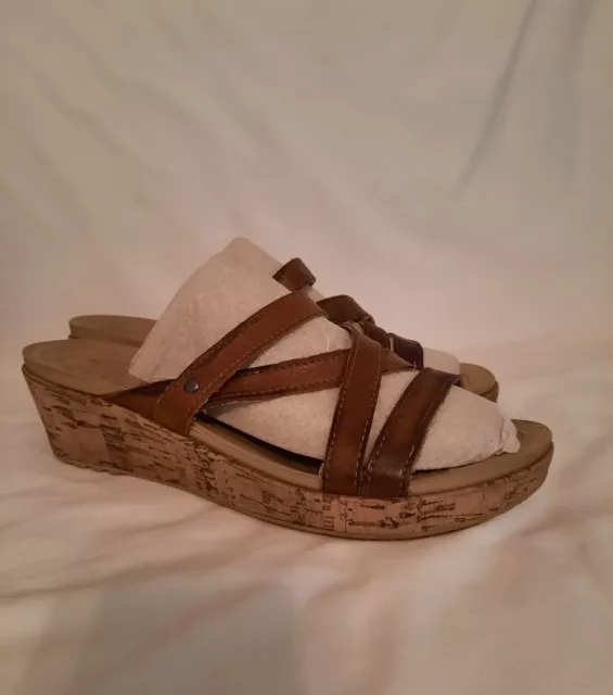 Crocs Women's Cork Heel Wedge Sandals Brown Leather Strappy Slide Shoes Size 9