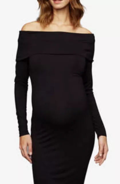 NWT ~ PEA IN A POD Maternity Black off the shoulder midi Dress ~ sz 6