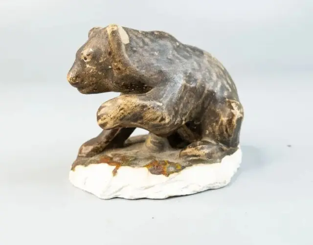 Beautiful used Antique bear figurine. Plaster, hand painted 19th century 8*6 cm