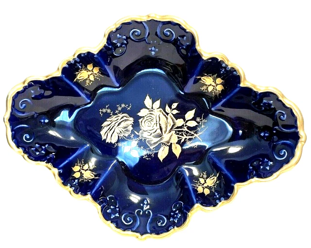 Old Foley Cobalt Blue Dish Candy Relish Floral Scalloped  Staffordshire J. Kent