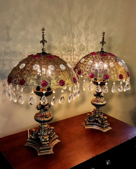 Mcm Hollywood Regency Vtg Crystal Glass Jewel Filigree Ornate Brass Tone Lamps