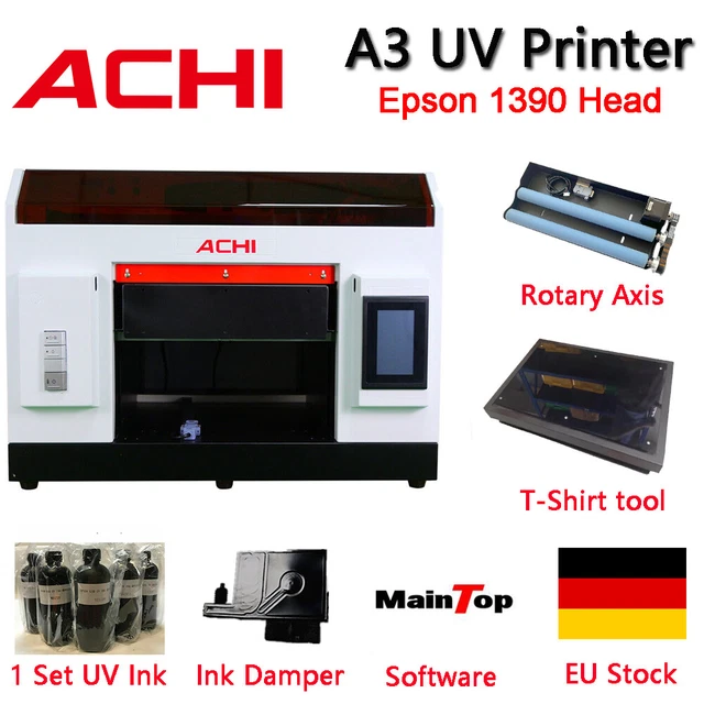 ACHI A3 UV Printer Epson1390 Print Head For Flat Cylindrical 3D Embossed EU Ship